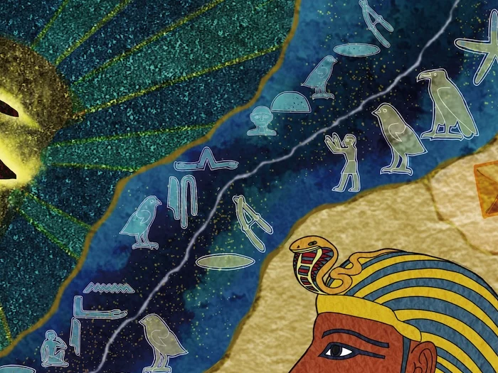 Ten no Me: hieroglyphs flowing between the Eye of Ra and the pharaoh