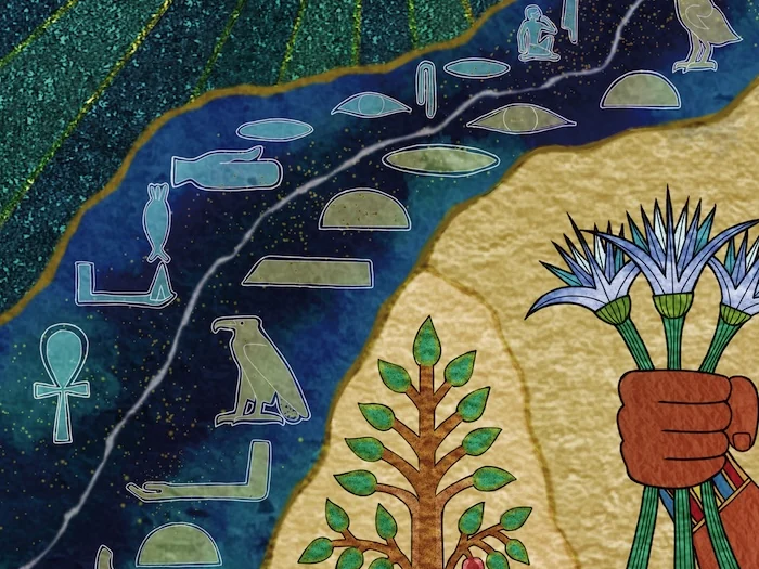 Ten no Me: lower band of hieroglyphs and the pharaoh's hand holding flowers